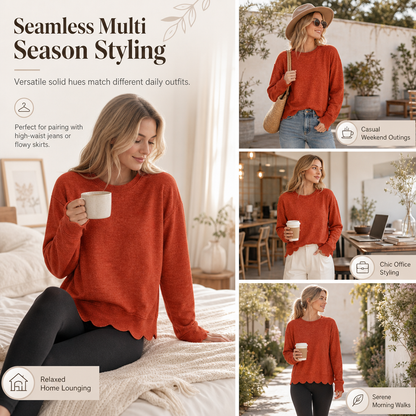 Women's Scalloped Hem Crew Neck Sweatshirt