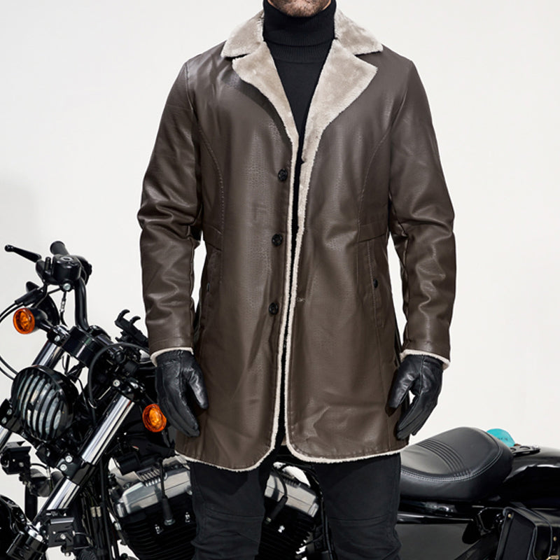 Men's Lapel Collar Plush-Lined Faux Leather Coat