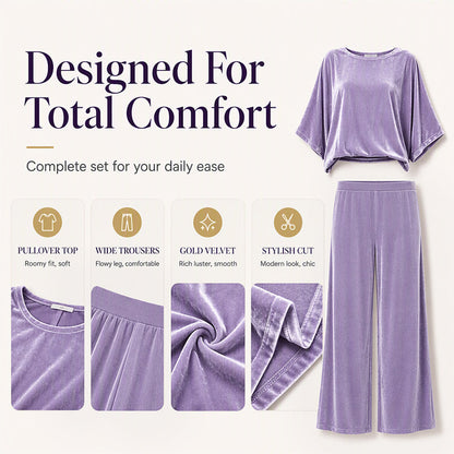 Women's Velvet Half Sleeve Top & Wide-Leg Pants Set