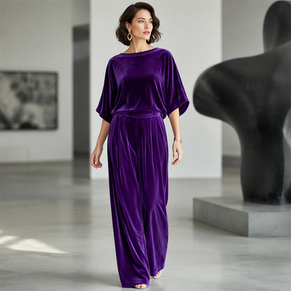 Women's Velvet Half Sleeve Top & Wide-Leg Pants Set