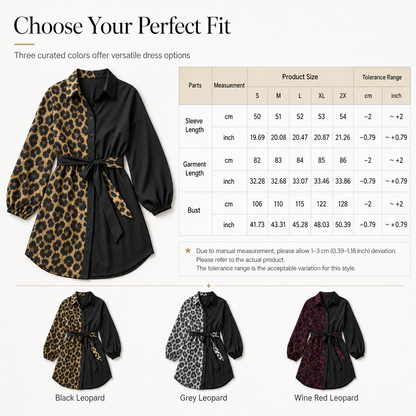Women's Leopard Print Contrast Patchwork Long Sleeve Shirt Mini Dress with Belt