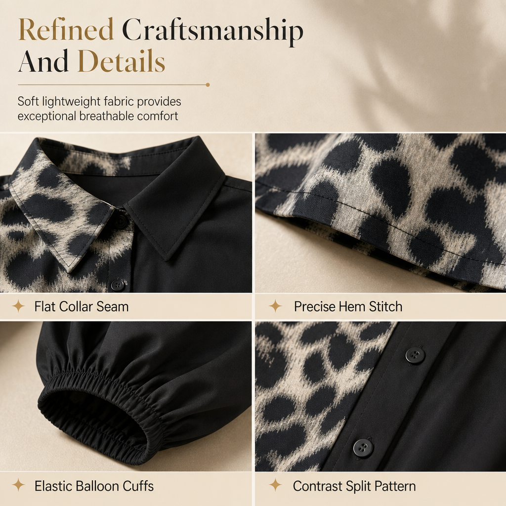 Women's Leopard Print Contrast Patchwork Long Sleeve Shirt Mini Dress with Belt