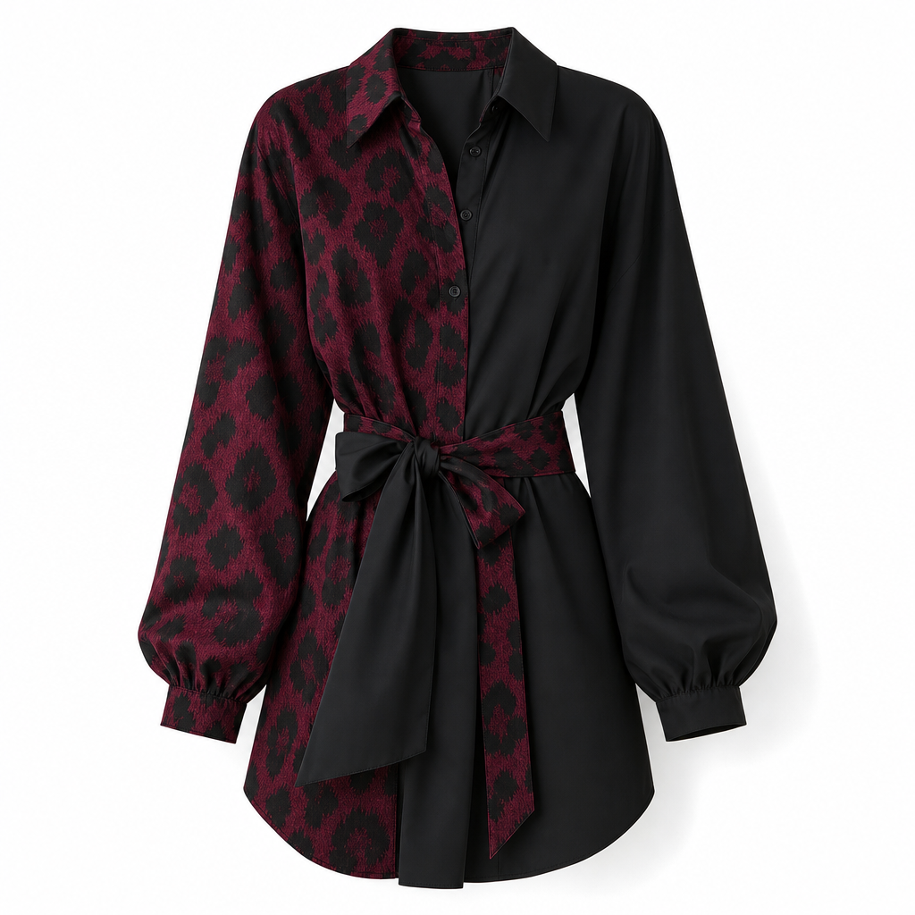 Women's Leopard Print Contrast Patchwork Long Sleeve Shirt Mini Dress with Belt