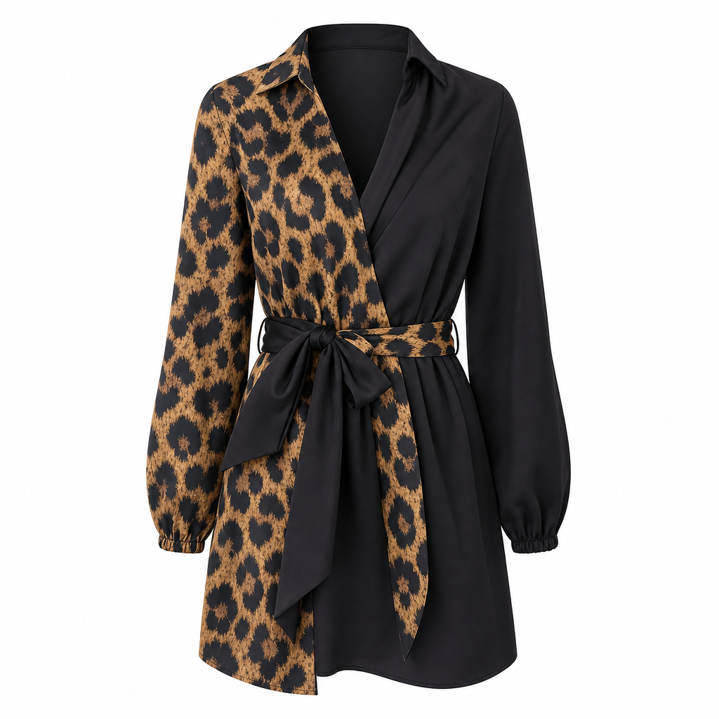 Women's Leopard Print Contrast Patchwork Long Sleeve Shirt Mini Dress with Belt