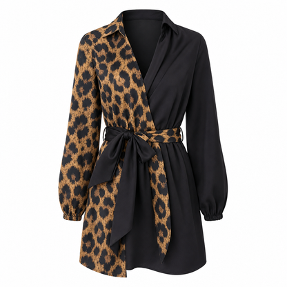 Women's Leopard Print Contrast Patchwork Long Sleeve Shirt Mini Dress with Belt