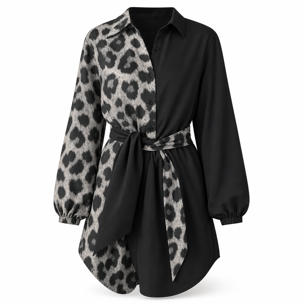 Women's Leopard Print Contrast Patchwork Long Sleeve Shirt Mini Dress with Belt