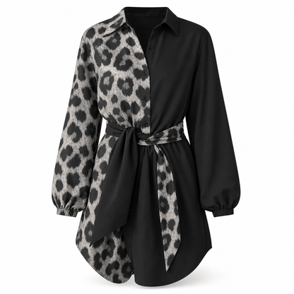 Women's Leopard Print Contrast Patchwork Long Sleeve Shirt Mini Dress with Belt