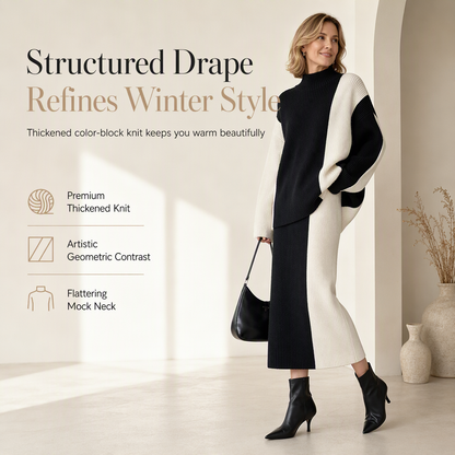 Women's Autumn Winter Color Block Knit 2-Piece Set Thickened Pullover Sweater and Skirt