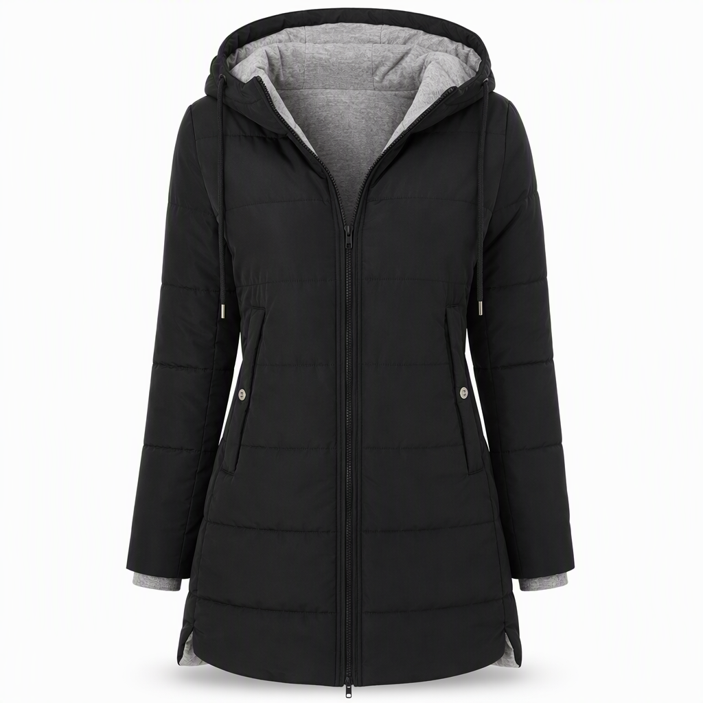 Slim Fit Long Hooded Padded Coat Solid Color Winter with Pockets