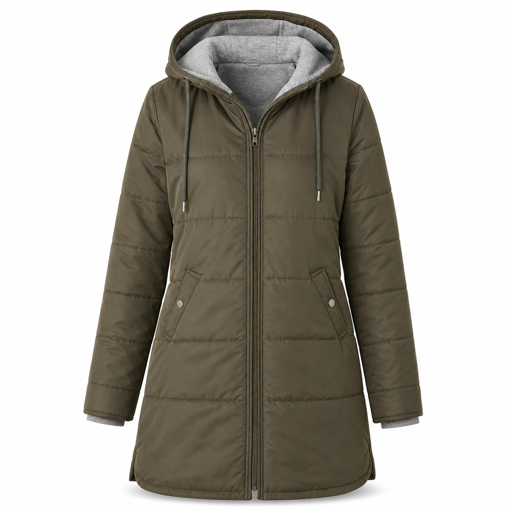 Slim Fit Long Hooded Padded Coat Solid Color Winter with Pockets
