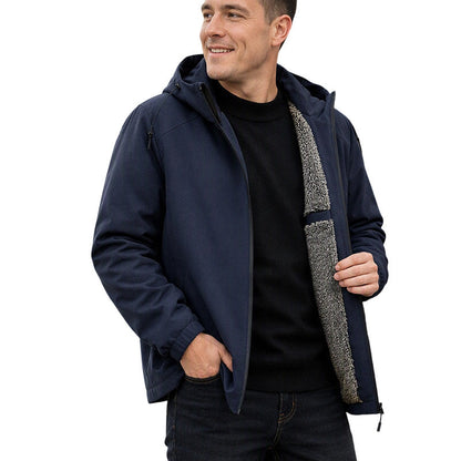Men's Windproof Plush-Lined Hooded Jacket
