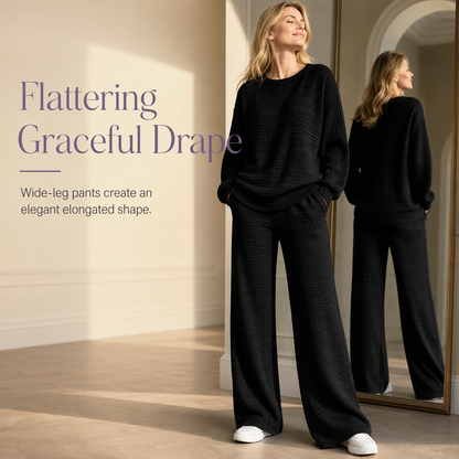 Women's Autumn Winter Ribbed Knit Two Piece Set Casual Long Sleeve Top and Wide Leg Pants