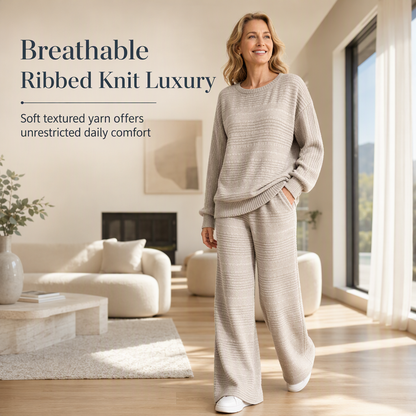 Women's Autumn Winter Ribbed Knit Two Piece Set Casual Long Sleeve Top and Wide Leg Pants
