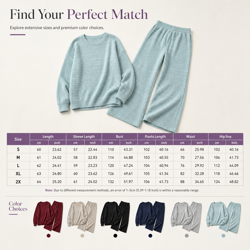 Women's Autumn Winter Ribbed Knit Two Piece Set Casual Long Sleeve Top and Wide Leg Pants