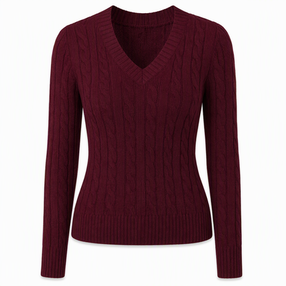 Women's V-Neck Cable Knit Sweater Long Sleeve Soft Warm Knitted Pullover