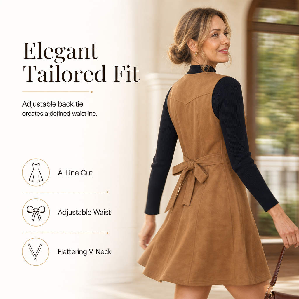 Classic Faux Suede V Neck Button Front Sleeveless Pinafore Dress