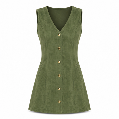 Classic Faux Suede V Neck Button Front Sleeveless Pinafore Dress