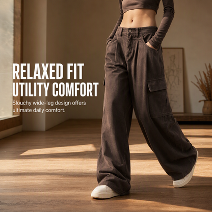 Women's High Waisted Wide Leg Baggy Cargo Pants with Utility Pockets Loose Fit Cotton Blend Trousers