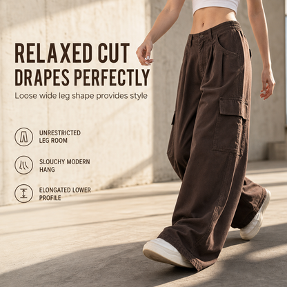 Women's High Waisted Wide Leg Baggy Cargo Pants with Utility Pockets Loose Fit Cotton Blend Trousers