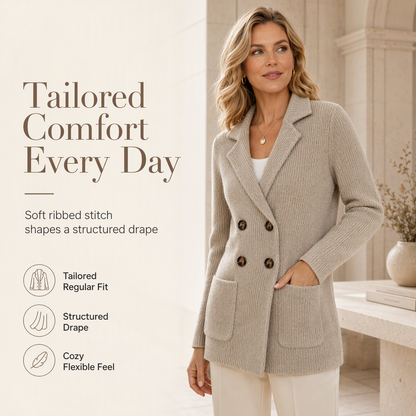 Women's Double-Breasted Ribbed Knit Cardigan with Pockets and Notched Lapel