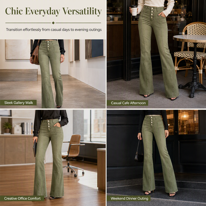 Women's Olive Green High-Waisted Multi-Button Flare Jeans with Vertical Front Seams