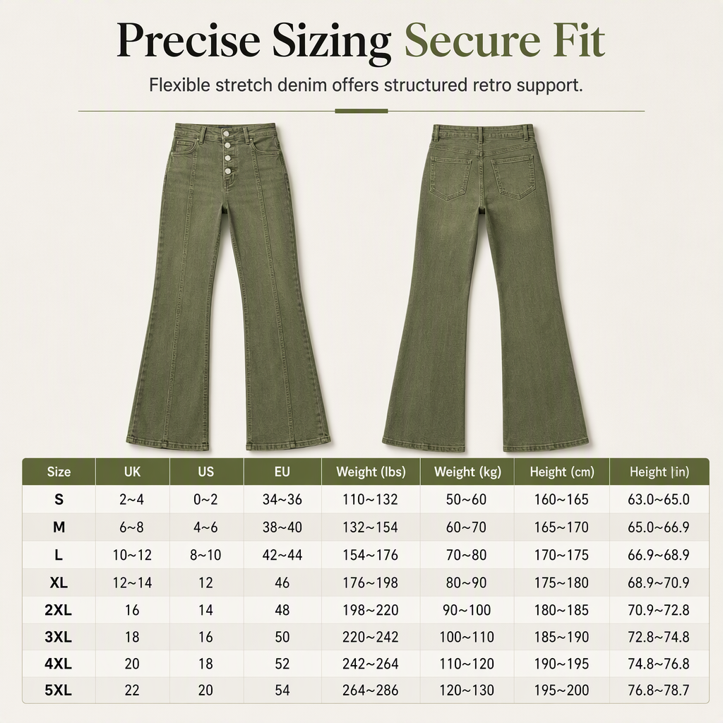 Women's Olive Green High-Waisted Multi-Button Flare Jeans with Vertical Front Seams