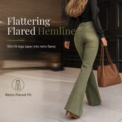 Women's Olive Green High-Waisted Multi-Button Flare Jeans with Vertical Front Seams