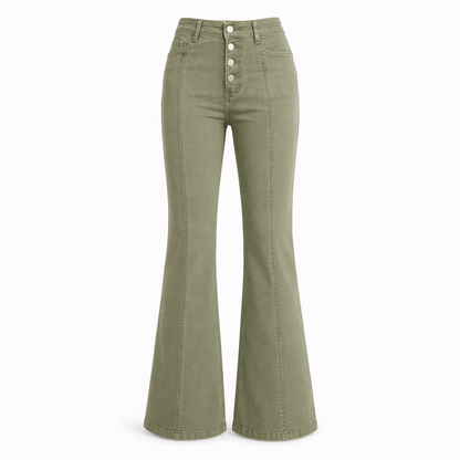 Women's Olive Green High-Waisted Multi-Button Flare Jeans with Vertical Front Seams