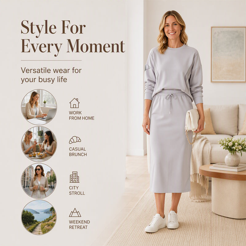 Women's Long-Sleeve Top & Drawstring Midi Skirt 2-Piece Set