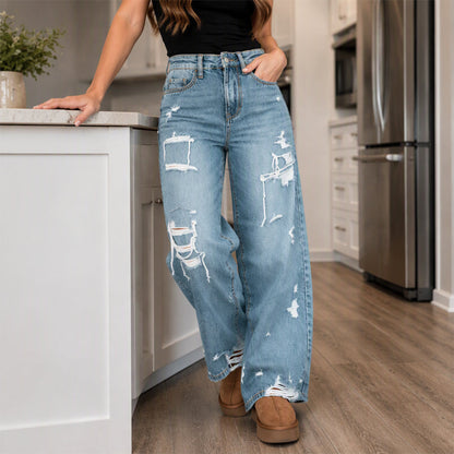 Women's Chic Distressed Denim Wide-Leg Pants