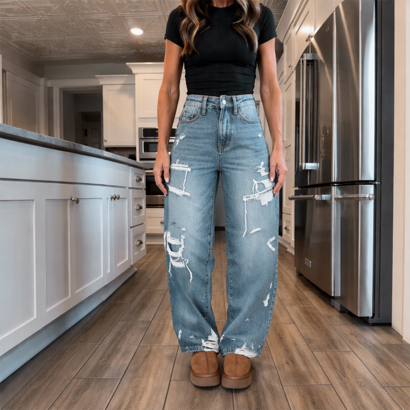 Women's Chic Distressed Denim Wide-Leg Pants