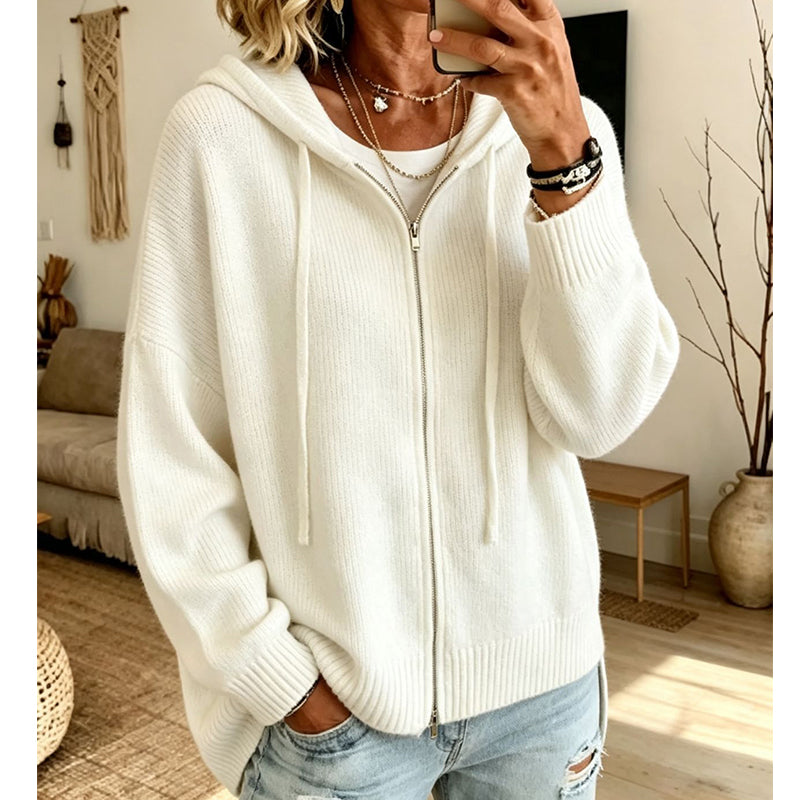 Women's Loose Zip-Up Hooded Knit Cardigan