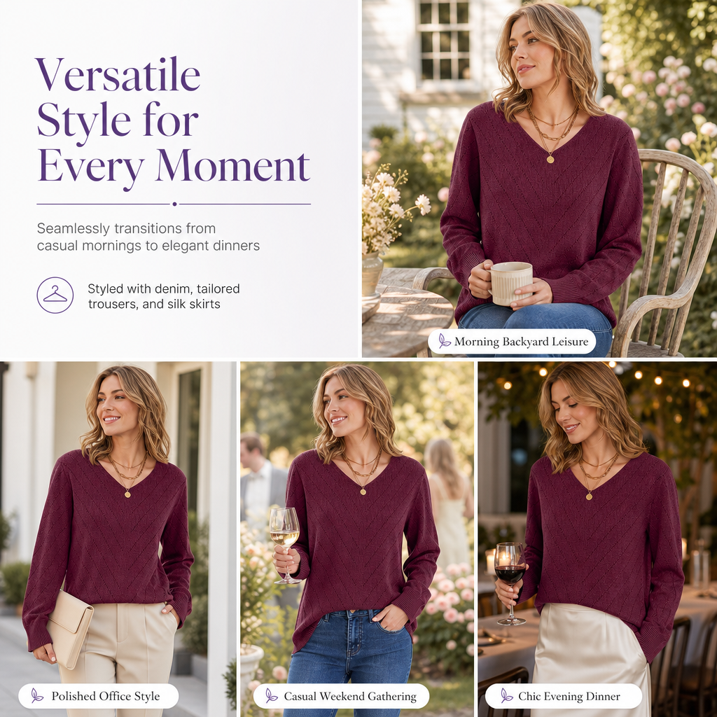 Women's V Neck Long Sleeve Pullover Sweater Comfortable Knitwear for Fall and Winter
