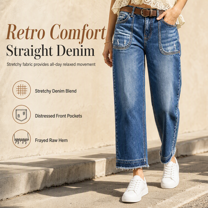 Women's Vintage Stretchy Straight Leg Denim Jeans with Distressed Patch Pockets and Frayed Raw Hem