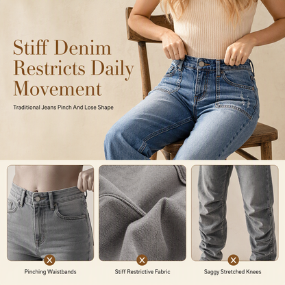 Women's Vintage Stretchy Straight Leg Denim Jeans with Distressed Patch Pockets and Frayed Raw Hem