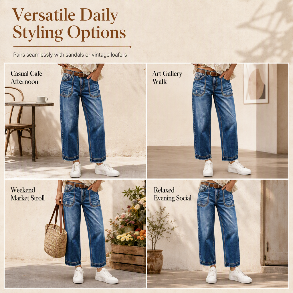 Women's Vintage Stretchy Straight Leg Denim Jeans with Distressed Patch Pockets and Frayed Raw Hem