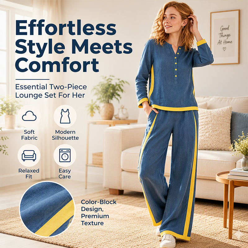 Women's Colorblock Long Sleeve Top & Wide-Leg Pants Set