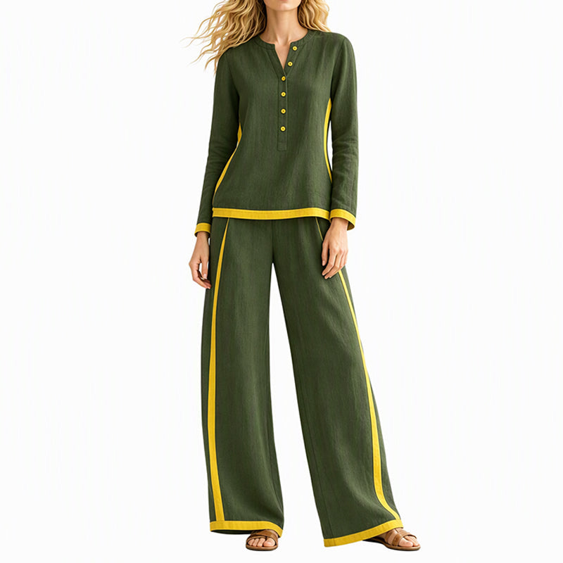 Women's Colorblock Long Sleeve Top & Wide-Leg Pants Set