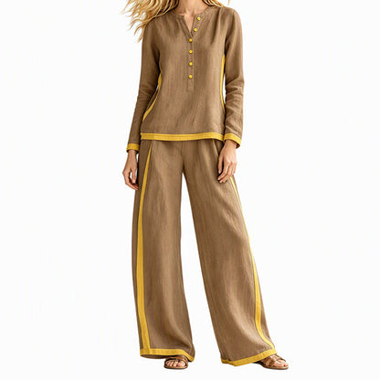 Women's Colorblock Long Sleeve Top & Wide-Leg Pants Set