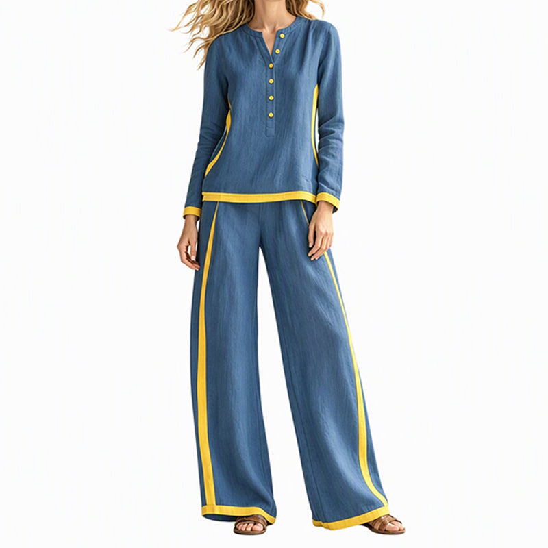 Women's Colorblock Long Sleeve Top & Wide-Leg Pants Set