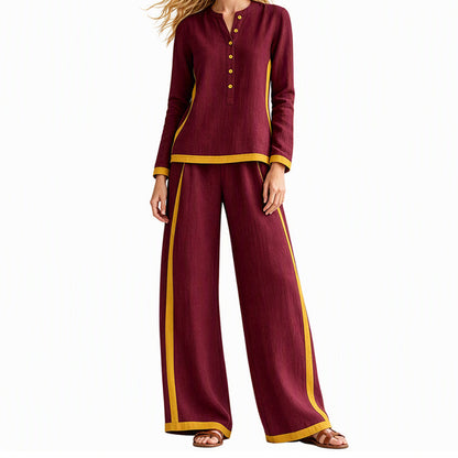 Women's Colorblock Long Sleeve Top & Wide-Leg Pants Set