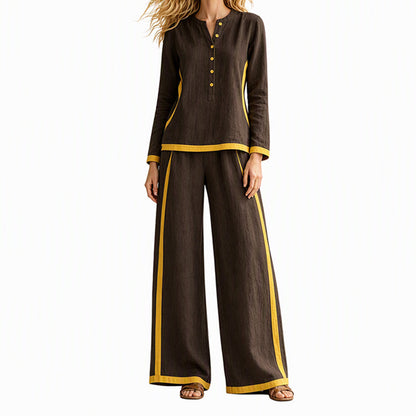 Women's Colorblock Long Sleeve Top & Wide-Leg Pants Set