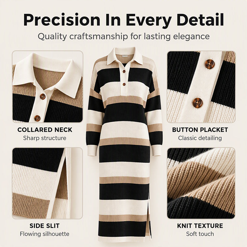 Women's Striped Collared Knit Sweater Dress