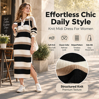 Women's Striped Collared Knit Sweater Dress