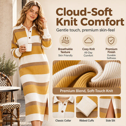 Women's Striped Collared Knit Sweater Dress