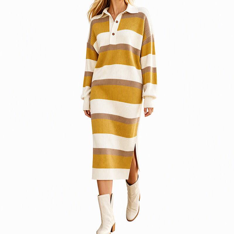 Women's Striped Collared Knit Sweater Dress