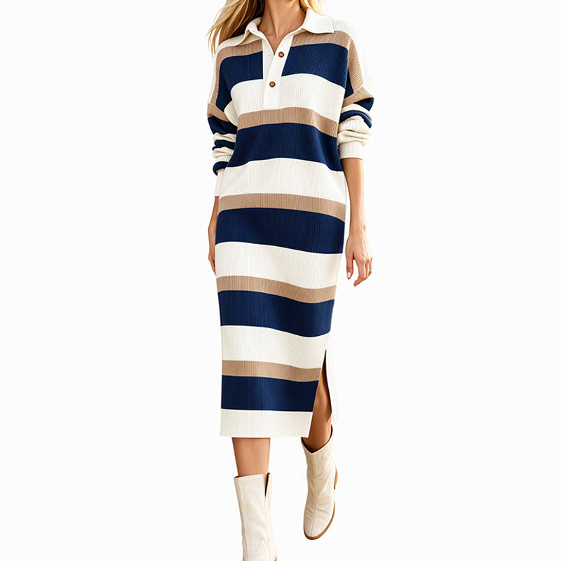 Women's Striped Collared Knit Sweater Dress