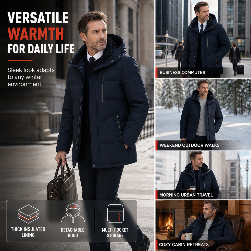 Men's Mid-Length Winter Padded Thickened Business Casual Cotton Coat for Middle-Aged Men