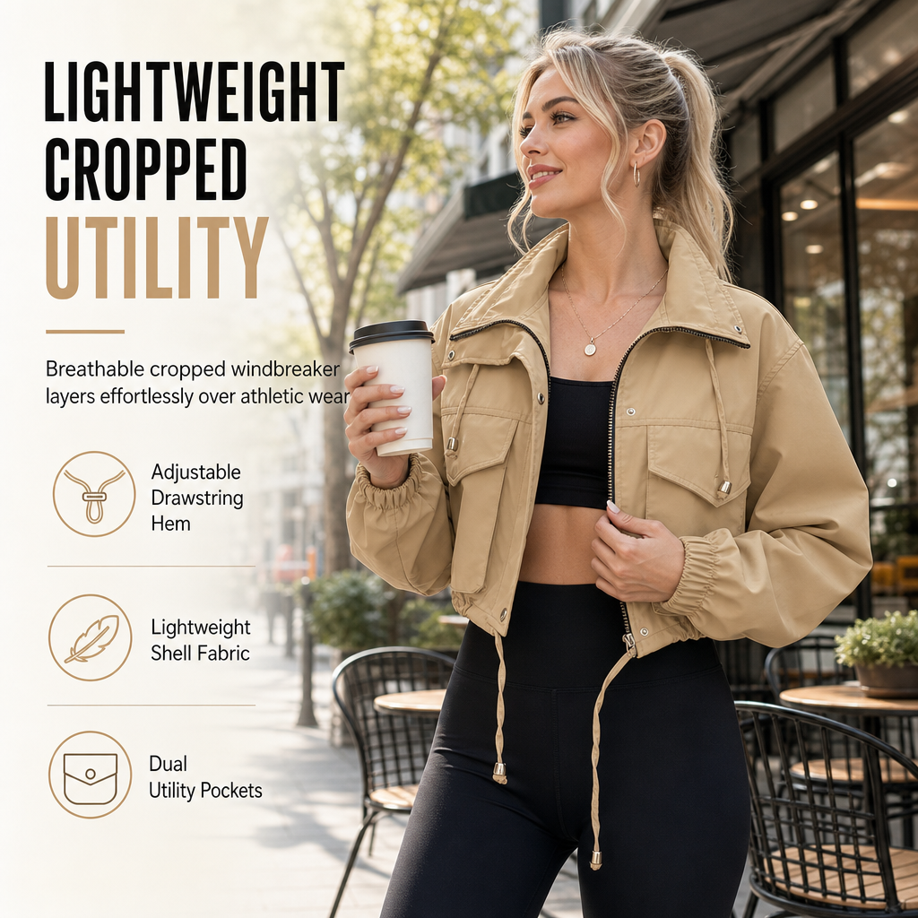 Women's Solid Color Short Zip Up Windbreaker Fall Coat