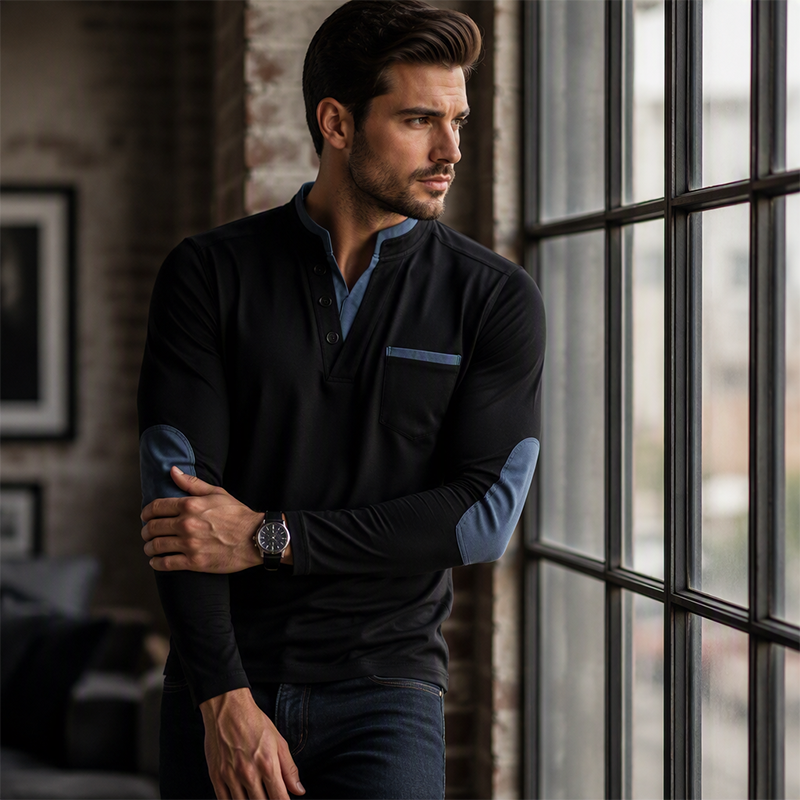 Men's Stand Collar Long Sleeve Shirt Spliced Casual Pullover Top